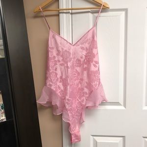 Pink frilly lace vintage teddy w faux lace up back